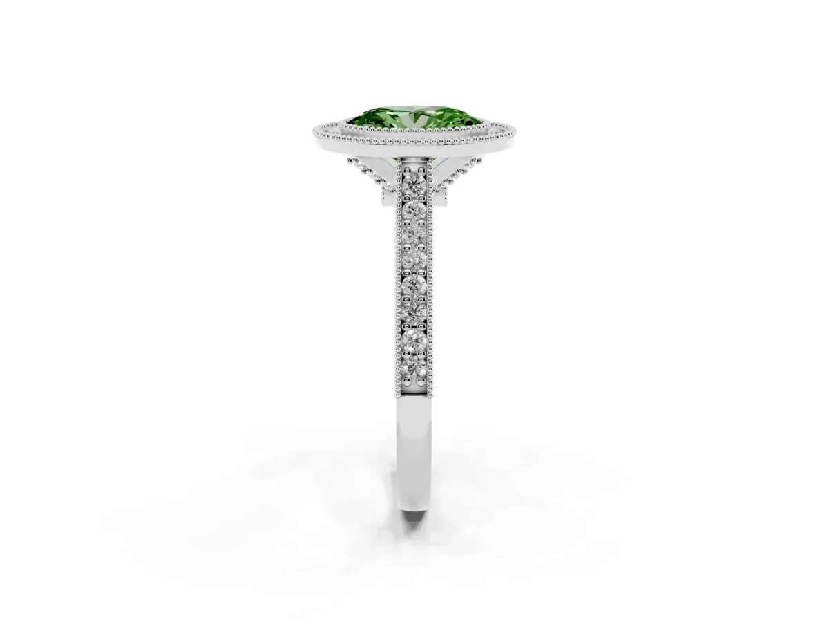 Fancy Green Halo Oval Cut-Cut Diamond Pave Band Milgrain Prong Setting Ring Silver