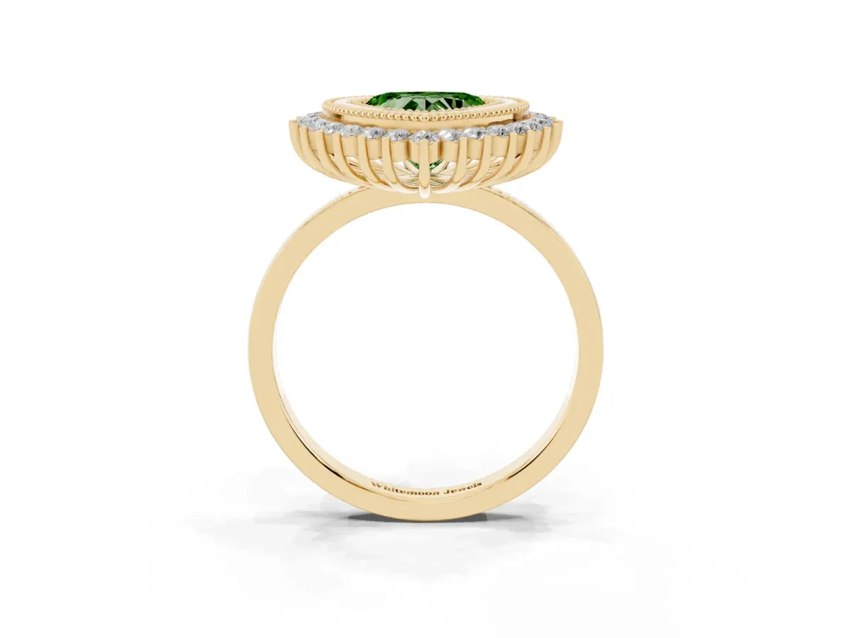 Fancy Green Heart Cut Halo Diamond Ring with Milgrain Edge and Round Prong Setting Yellow gold