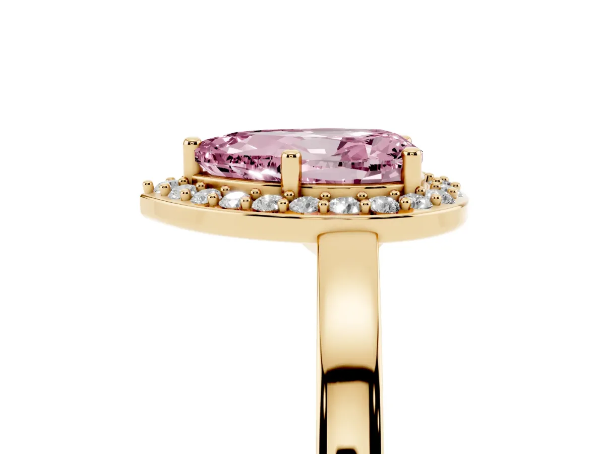 Fancy Pink Pear Cut Halo Diamond Ring with Solitaire Band and Prong Setting Yellow gold