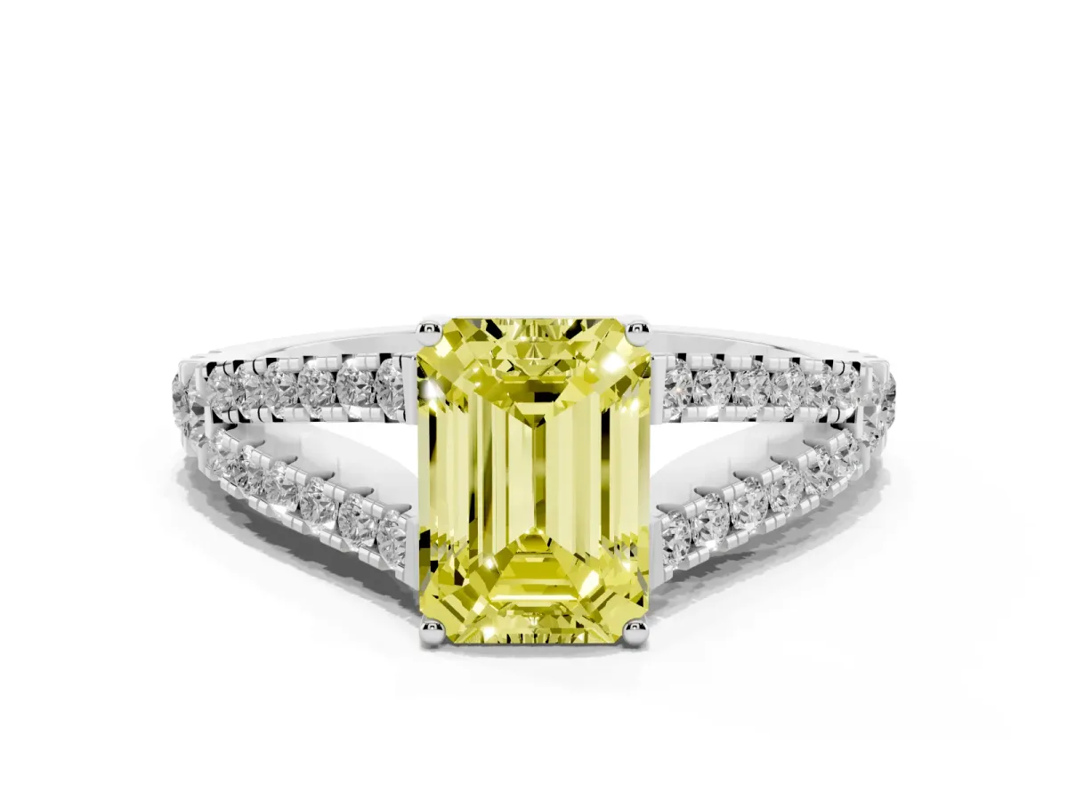 Fancy Yellow Emerald Cut Diamond Split Shank Engagement Ring with Round Pavé and Prong Setting Platinum