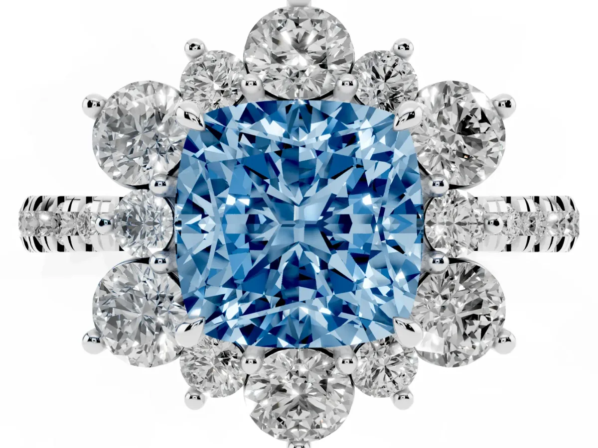 Fancy Blue Cushion Cut Diamond Floral Halo Ring with Round Pavé Band and Prong Setting Silver