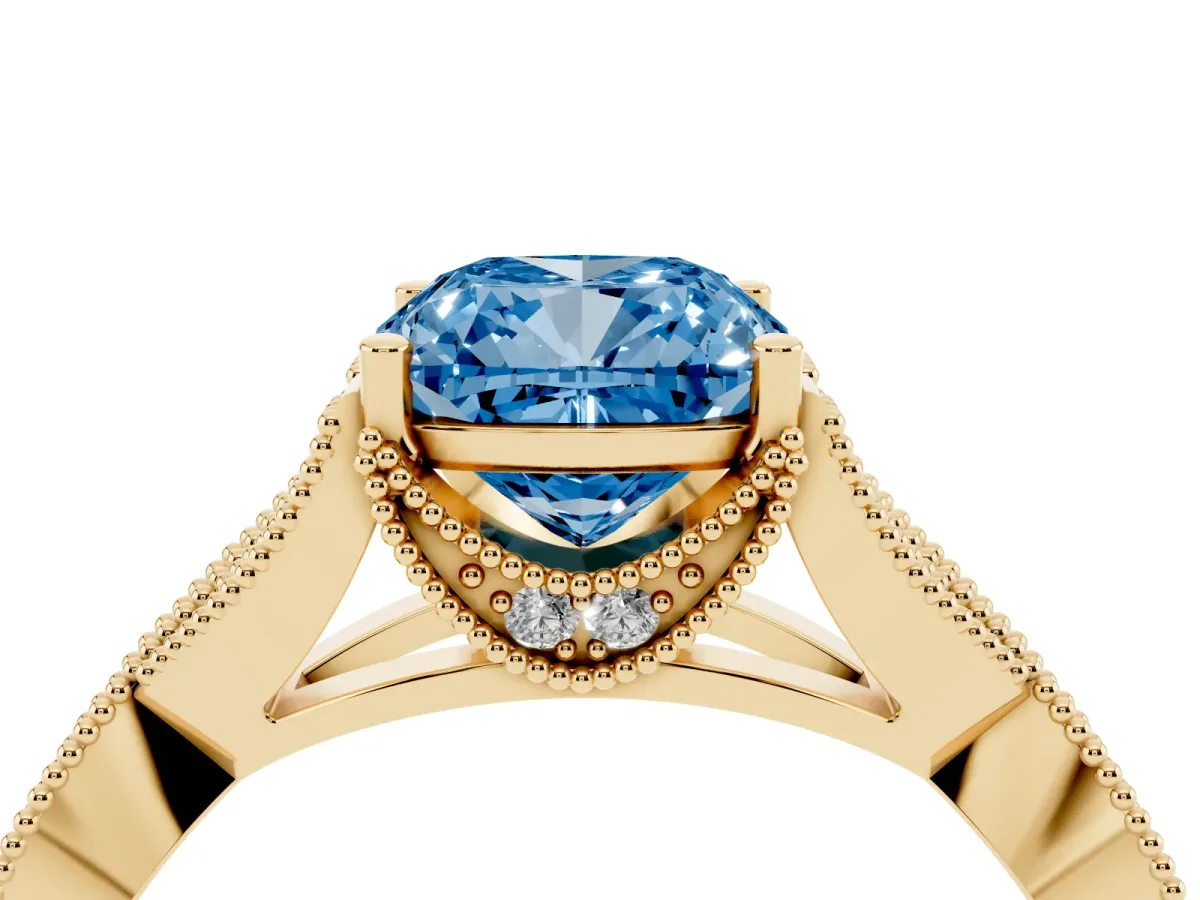 Fancy Blue Cushion Cut Cut Diamond Twisted Band with Milgrain Pave Setting and Four-Prong Setting Yellow gold
