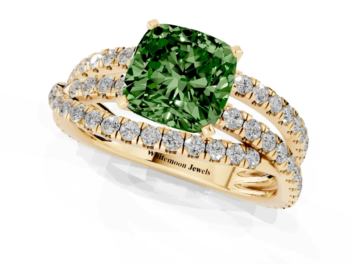 Fancy Green Cushion Cut Solitaire Twist Band with Pavé Setting and Four-Prong Setting Yellow gold