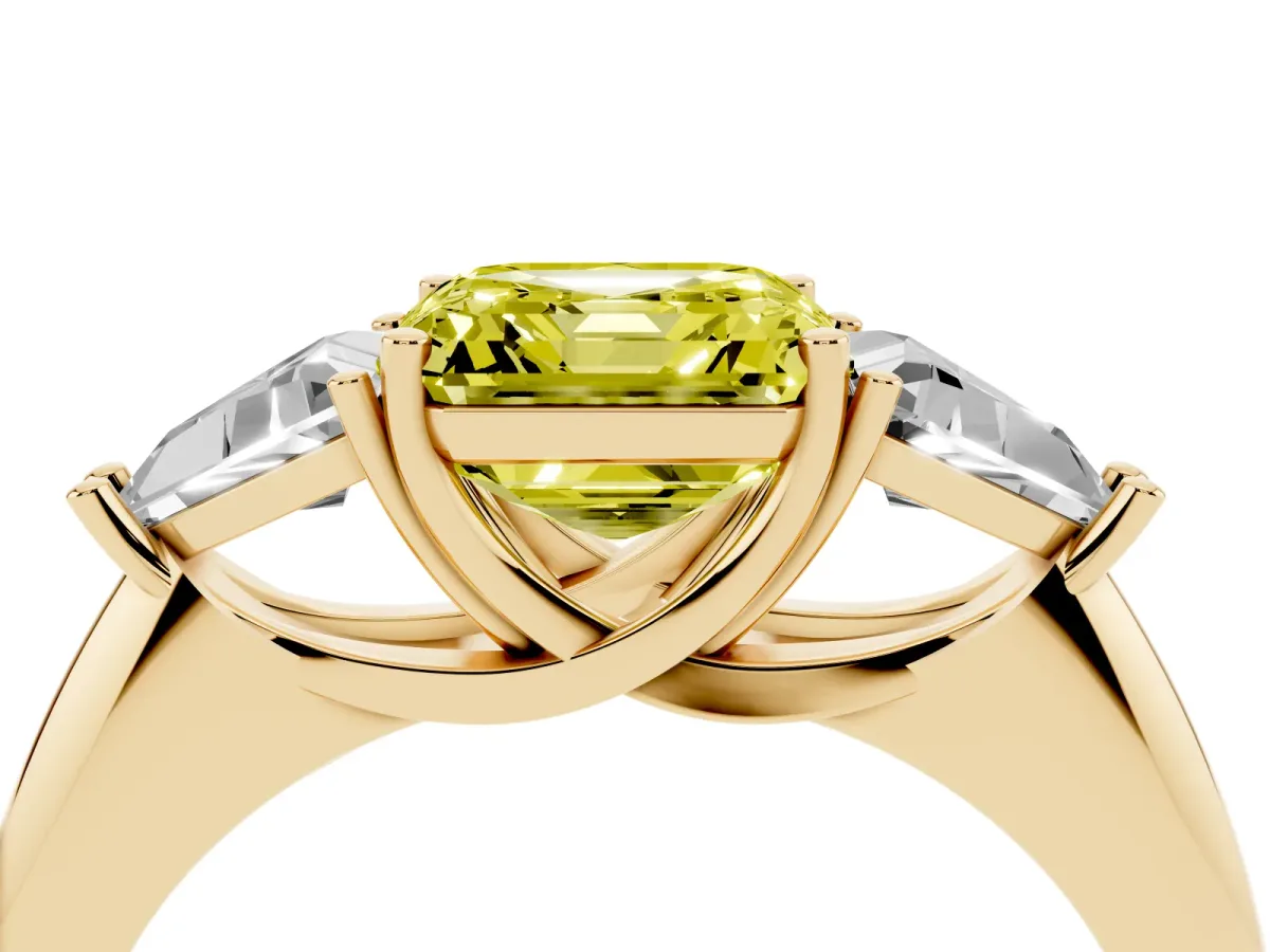 Fancy Yellow Three-Stone Asscher Cut Diamond Engagement Ring with Trillion Side Stones and Prong Setting Yellow gold