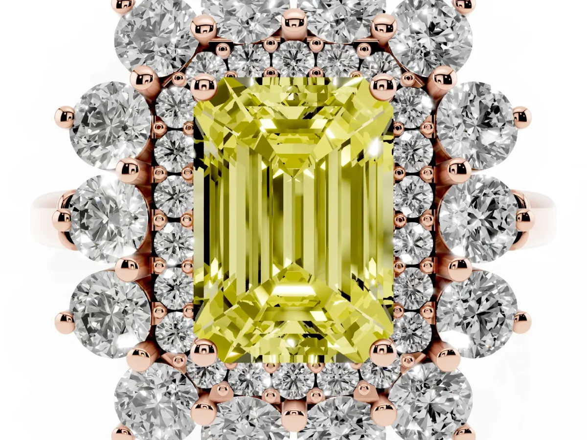 Fancy Yellow Emerald Cut Diamond Floral Double Halo Engagement Ring with Prong Setting Rose gold