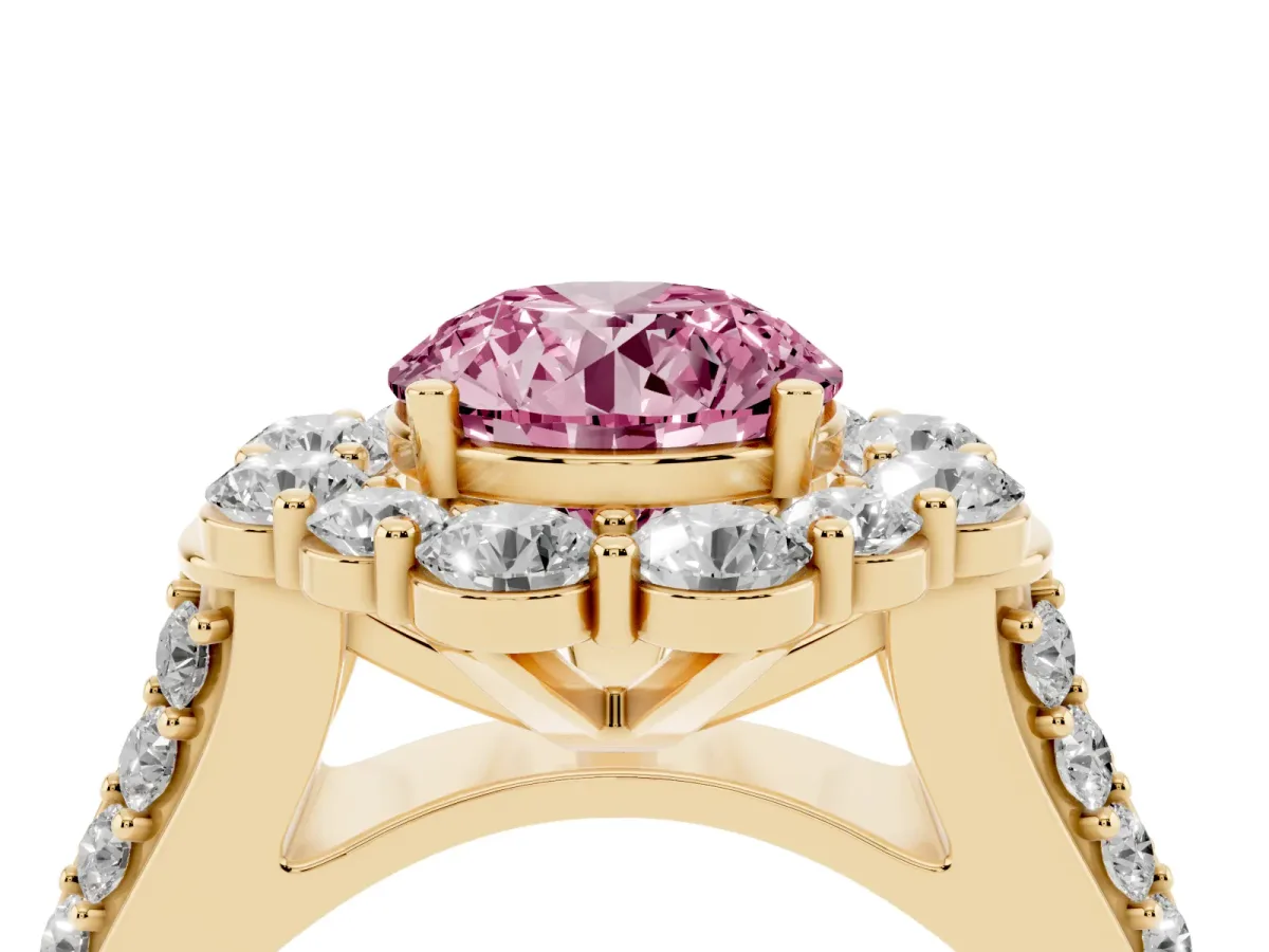 Fancy Pink Round Cut Halo Diamond Engagement Ring with Split Shank and Prong Setting Yellow gold
