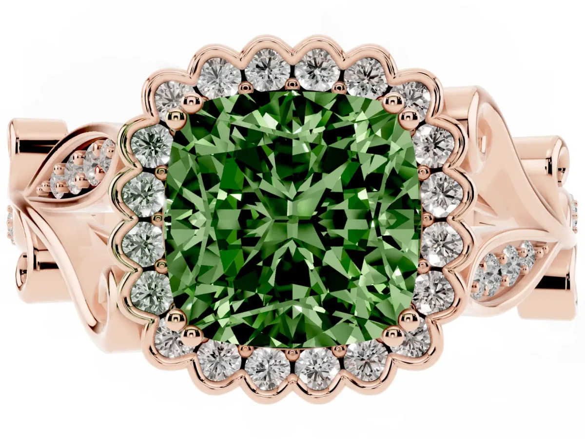 Fancy Green Cushion Cut Diamond Halo Ring with Vintage Split Shank and Four-Prong Setting Rose gold