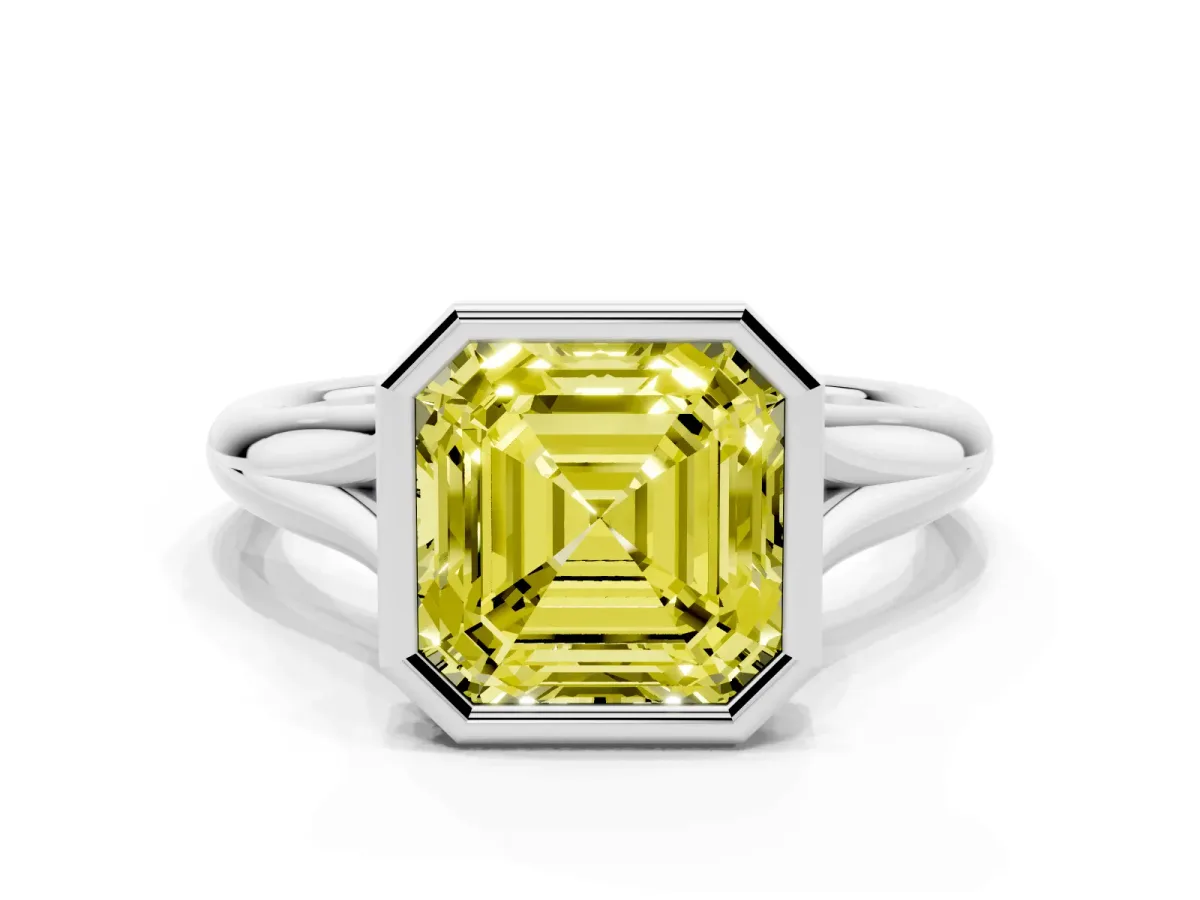 Fancy Yellow Bezel Set Asscher Cut Solitaire Diamond Ring with Smooth Band Silver