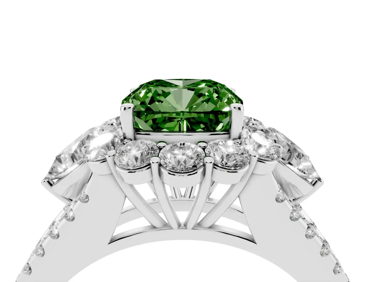 Fancy Green Cushion Cut Halo Split Shank Diamond Engagement Ring with Prong Setting Silver