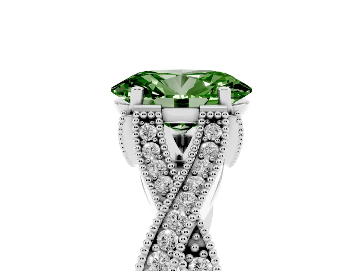 Fancy Green Oval Cut Cut Diamond Twisted Band with Milgrain Pave Setting and Four-Prong Setting Silver