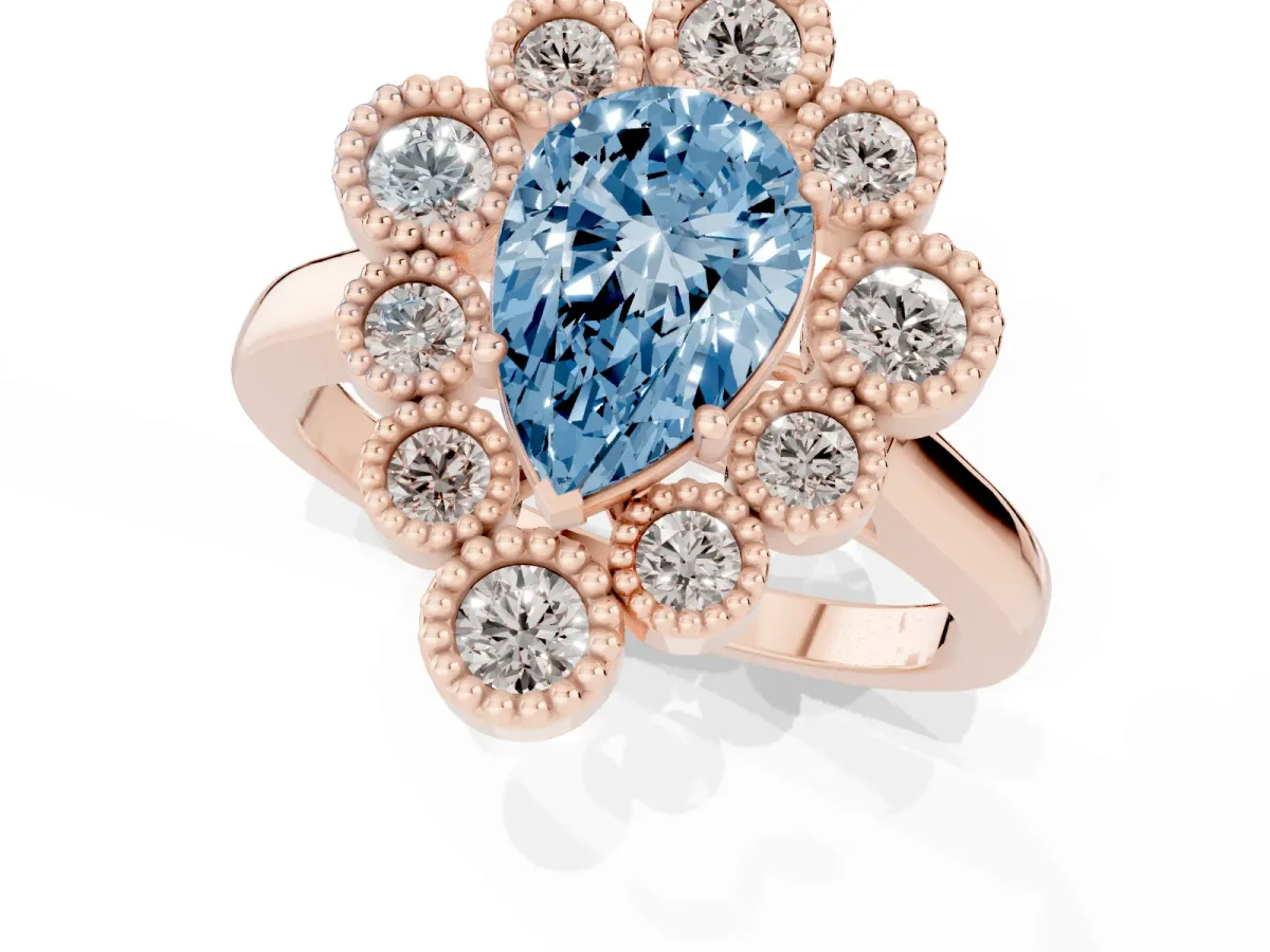 Fancy Blue Pear Cut Halo Diamond Cluster Engagement Ring with Milgrain Bezel Setting and Solitaire Band Rose gold