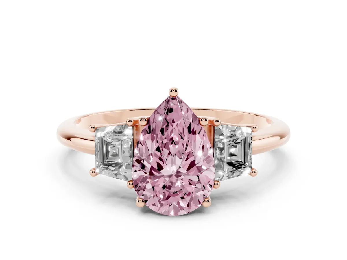 Fancy Pink Pear Cut Diamond Three-Stone Ring with Trapezoid Side Stones and Prong Setting Rose gold