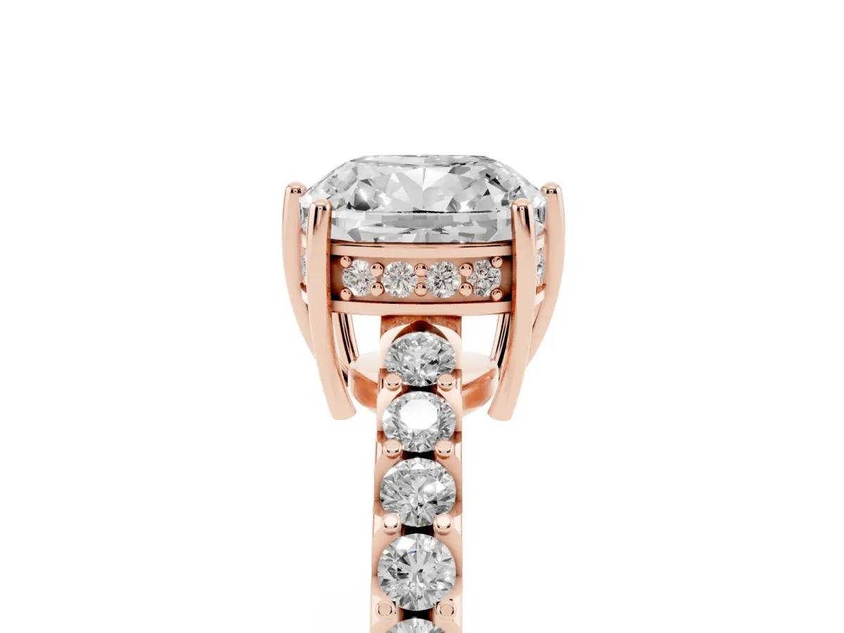 Cushion Cut Solitaire Diamond Engagement Ring with Pavé Band and Six-Prong Setting Rose gold