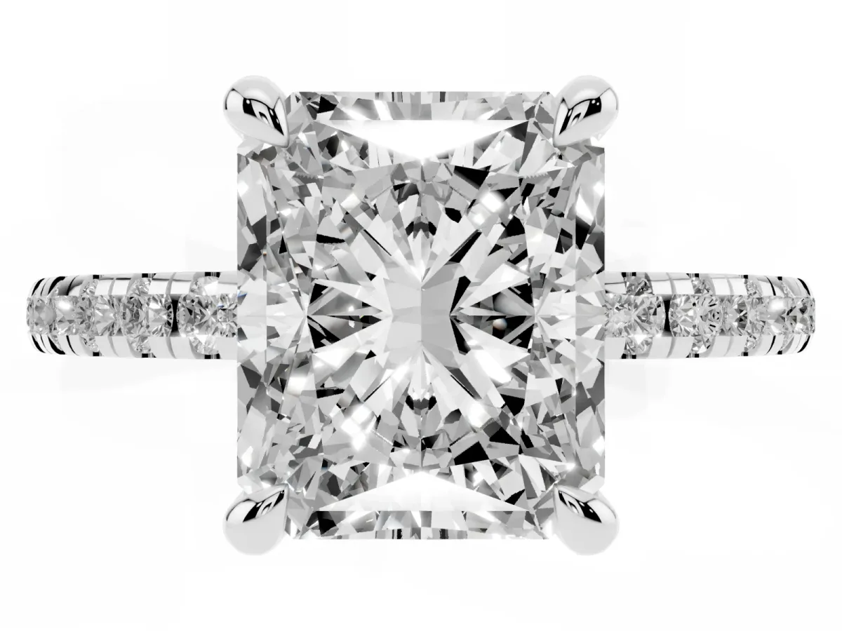 Radiant Cut Diamond Brilliant Solitaire Ring with Pavé Band and Four-Prong Setting Platinum
