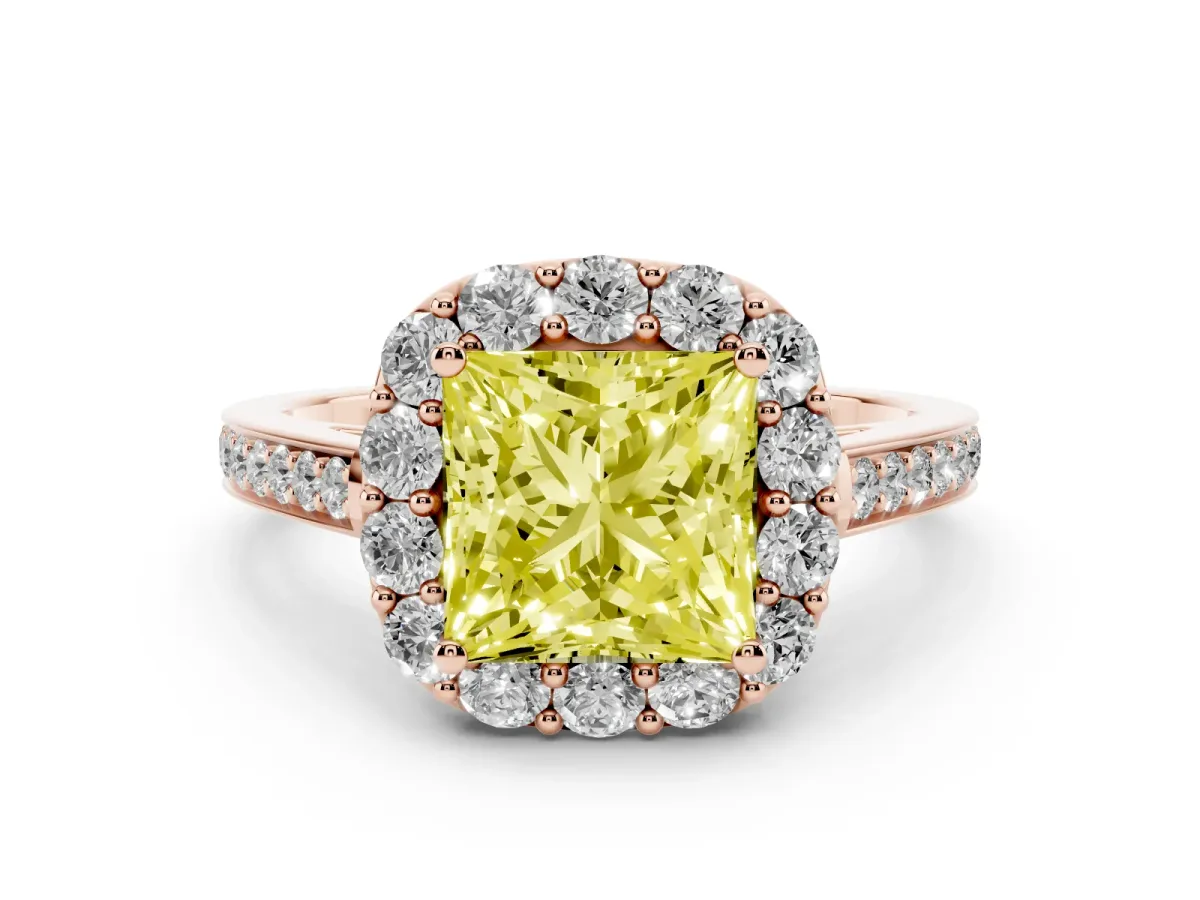 Fancy Yellow Princess Cut Diamond Floral Halo Ring with Pavé Band and Prong Setting Rose gold