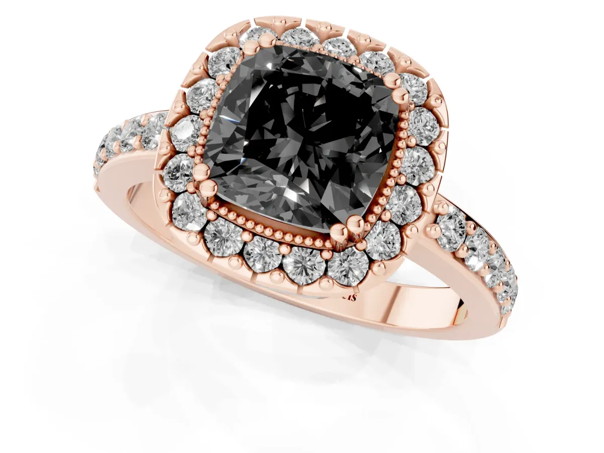 Fancy Black Cushion Cut Diamond Halo Ring with Pavé Band and Prong Setting Rose gold