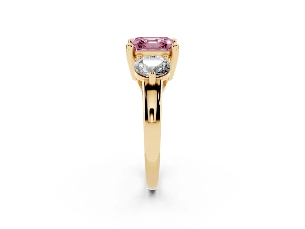 Fancy Pink Three-Stone Asscher Cut Brilliant Cut Solitaire Ring with Prong Setting on a Classic Band Yellow gold