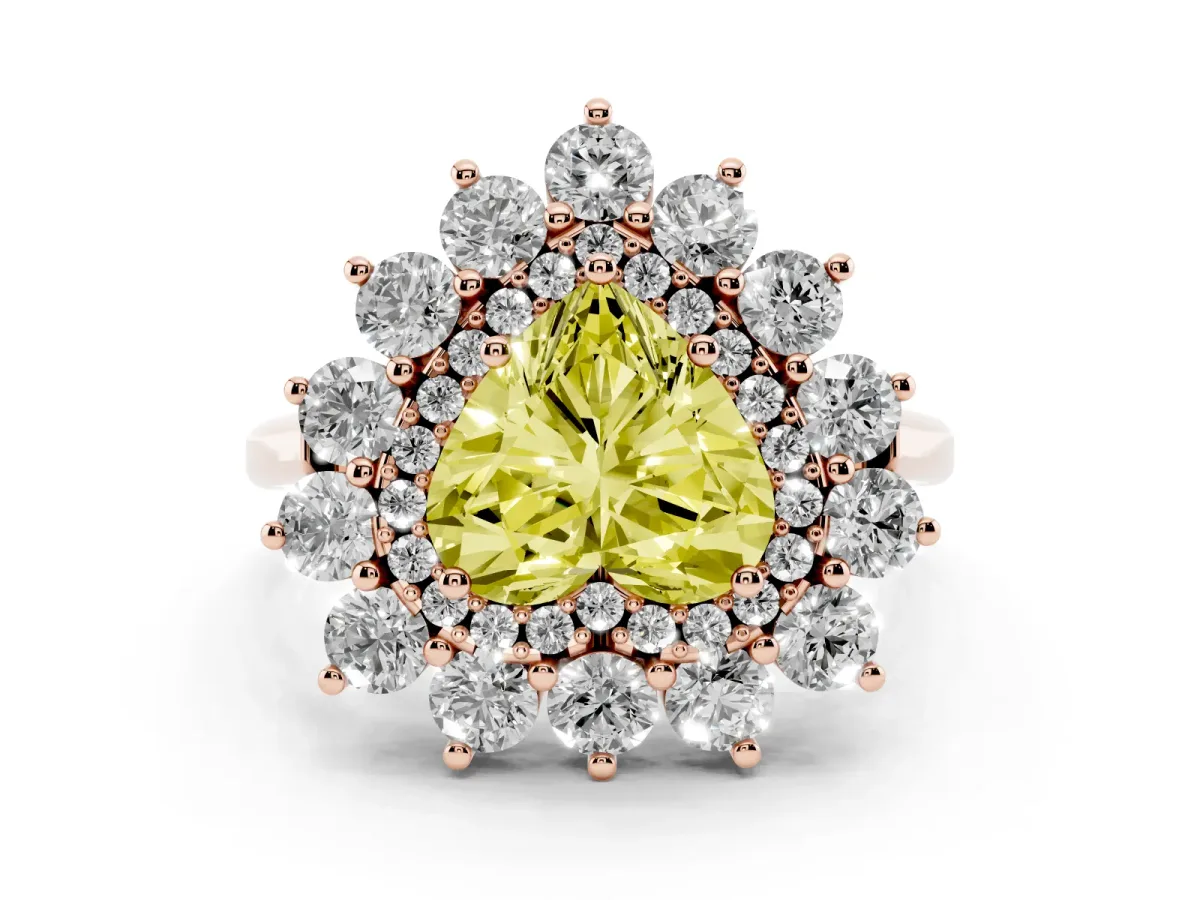 Fancy Yellow Heart Cut Diamond Floral Double Halo Engagement Ring with Prong Setting Rose gold