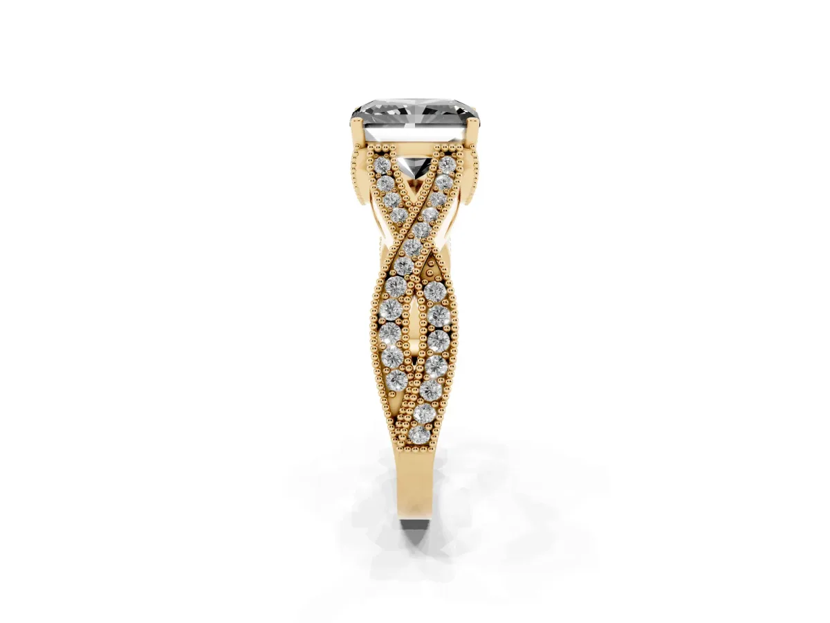 Fancy Black Radiant Cut Cut Diamond Twisted Band with Milgrain Pave Setting and Four-Prong Setting Yellow gold