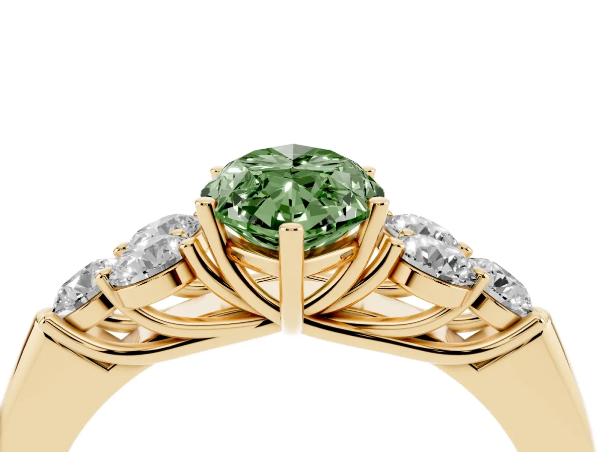 Fancy Green Marquise Cut Cut Diamond Cluster Ring with Round Accent Stones and Prong Setting on a Classic Band Yellow gold
