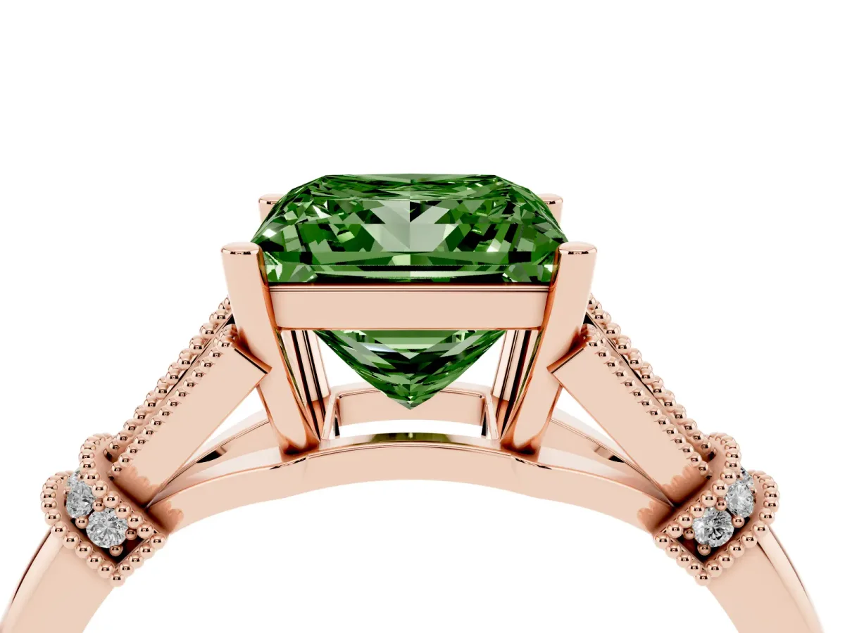Fancy Green Princess Cut Diamond Solitaire Ring with Floral Filigree and Pave Accents Rose gold