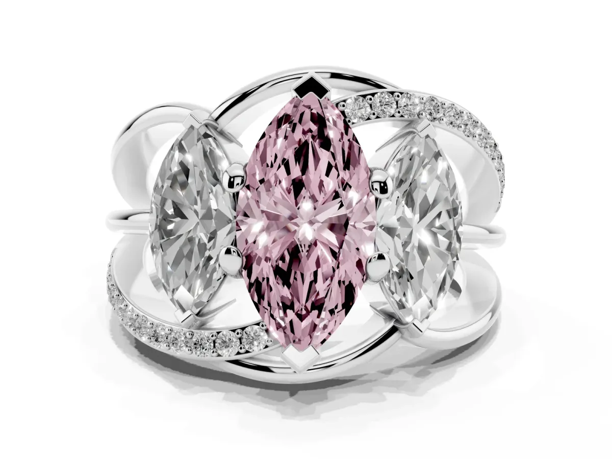 Fancy Pink Three-Stone Marquise Cut Cut Diamond Split Shank Prong Set Ring White gold