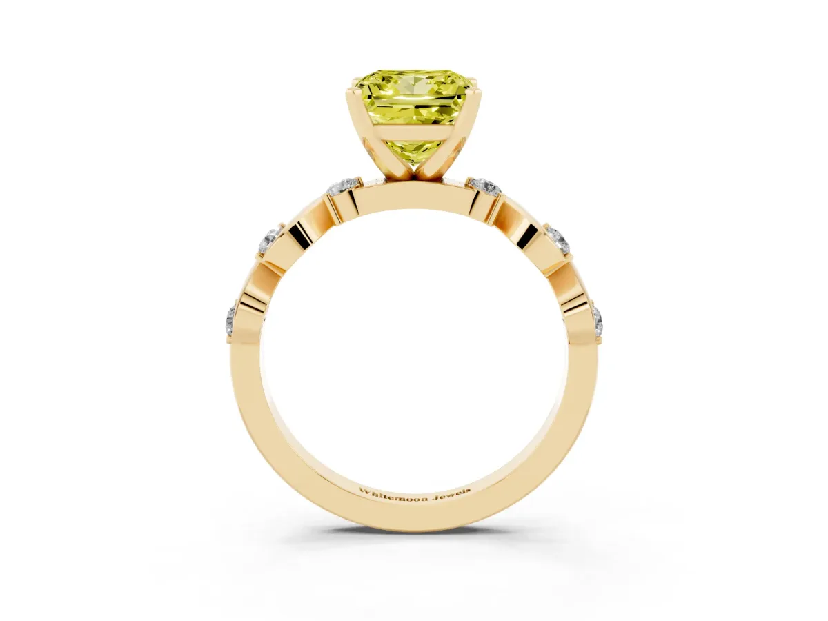 Fancy Yellow Princess Cut Diamond Solitaire Twisted Band with Round Accents and Prong Setting Yellow gold