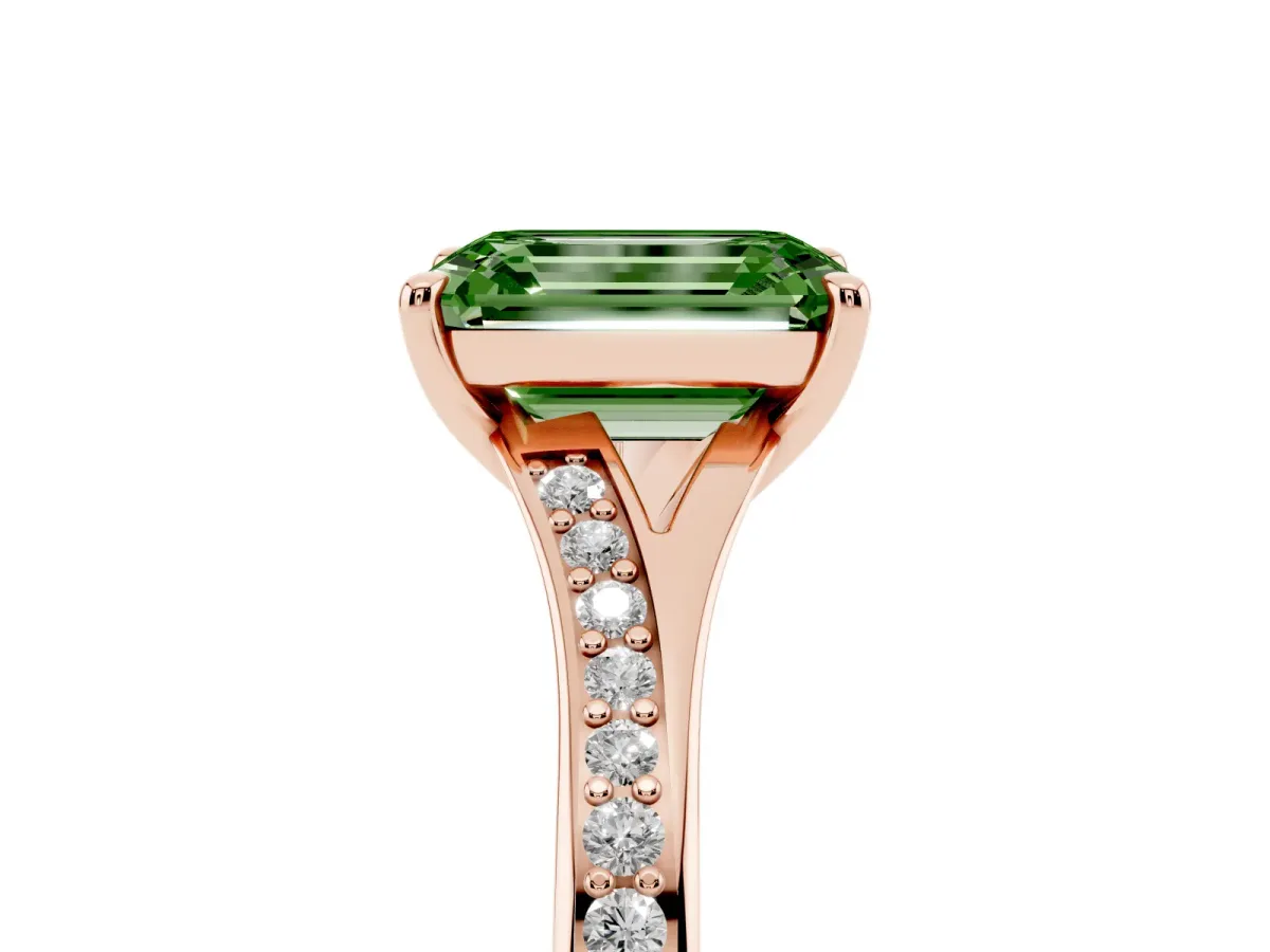 Fancy Green Emerald Cut Diamond Solitaire Ring with Pavé Band and Prong Setting Rose gold