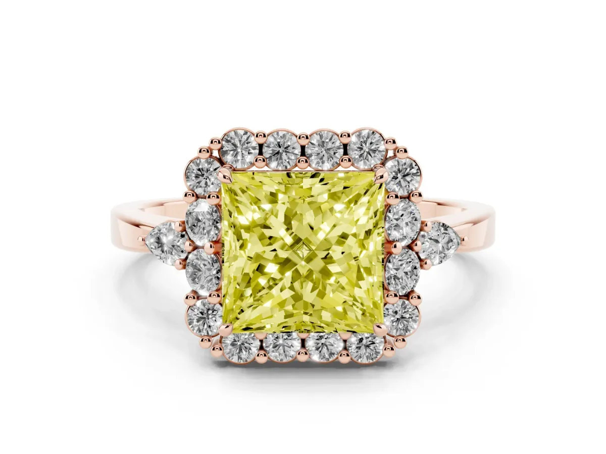Fancy Yellow Princess Cut Diamond Halo Ring with Pear Side Stones and Prong Setting Rose gold