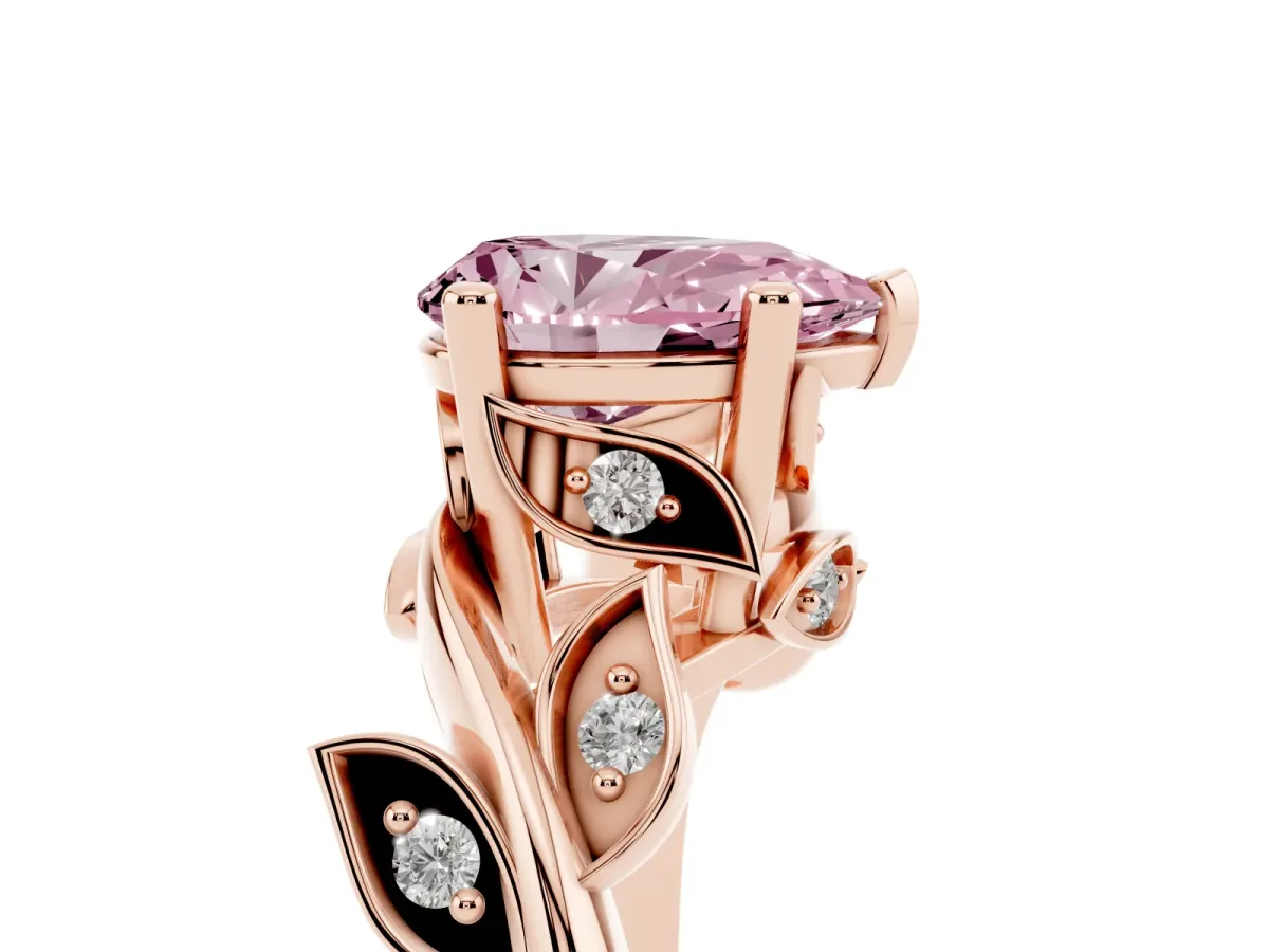 Fancy Pink Pear Cut Solitaire Twist Engagement Ring with Leaf Accents and Prong Setting Rose gold