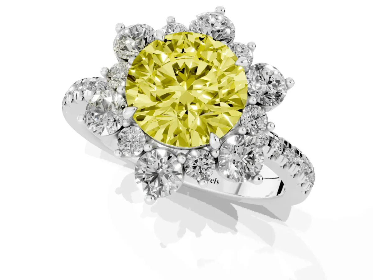 Fancy Yellow Round Cut Diamond Floral Halo Ring with Round Pavé Band and Prong Setting Silver