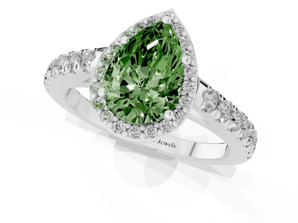 Fancy Green Pear Cut Cut Halo Diamond Engagement Ring with Pave Band and Four-Prong Setting White gold