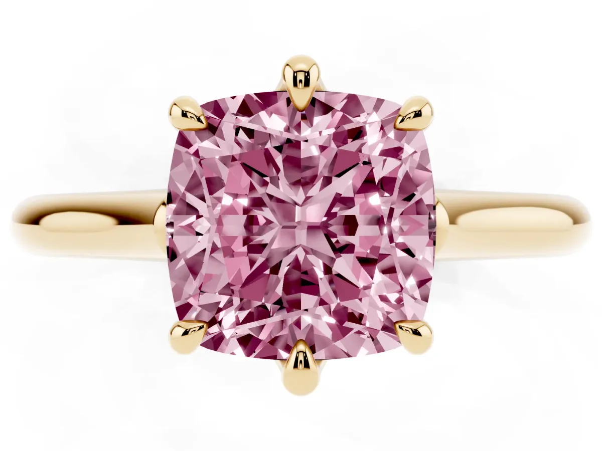 Fancy Pink Cushion Cut Solitaire Engagement Ring with Six-Prong Setting and Classic Band Yellow gold