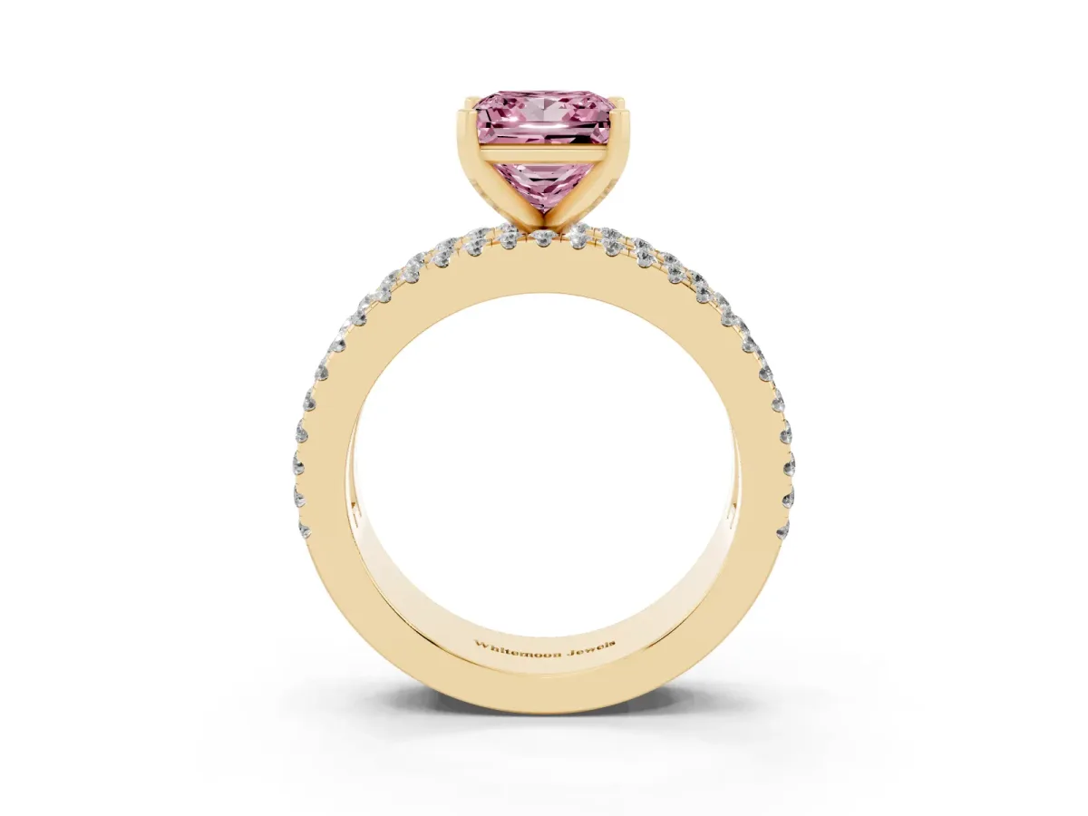 Fancy Pink Princess Cut Diamond Solitaire Ring with Pavé and Channel Set Band Yellow gold