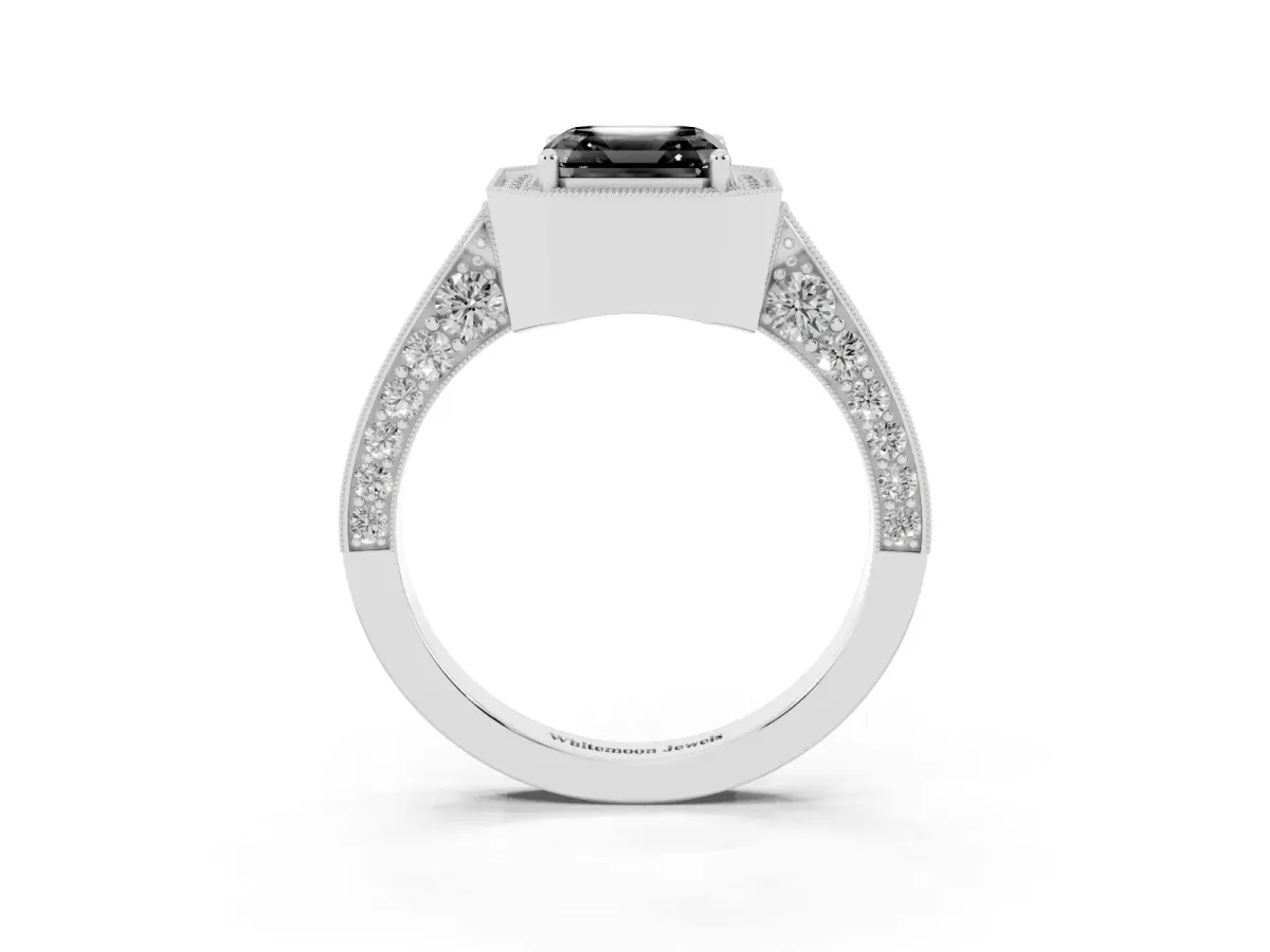Fancy Black Asscher Cut Halo Diamond Engagement Ring with Split Shank Band and Four-Prong Setting Platinum