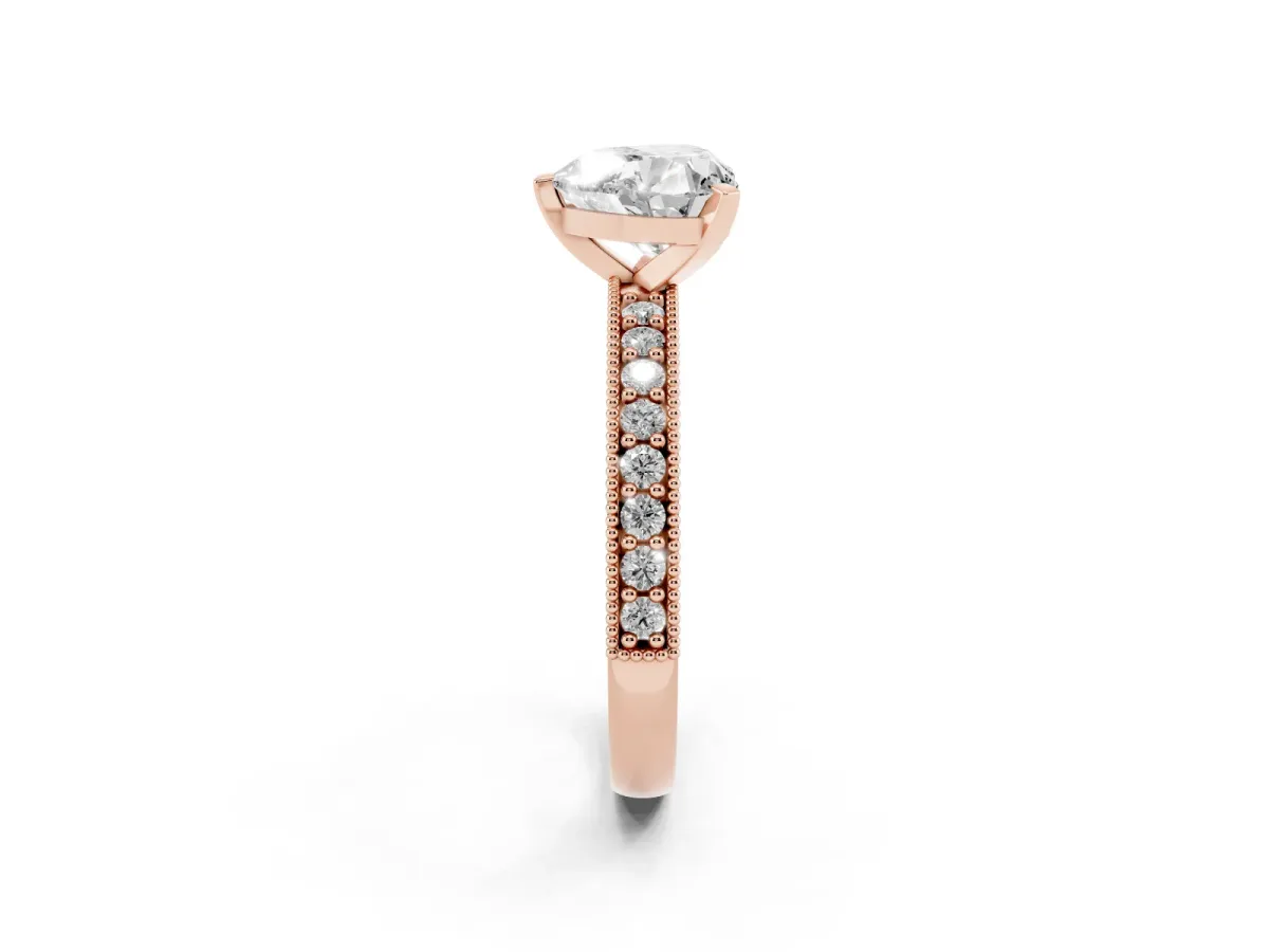 Heart Cut Diamond Milgrain Pavé Engagement Ring with Four-Prong Setting Rose gold