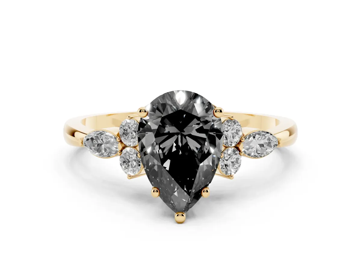 Fancy Black Pear Cut Brilliant Diamond Solitaire Ring with Pear Side Stones and Four-Prong Setting Yellow gold