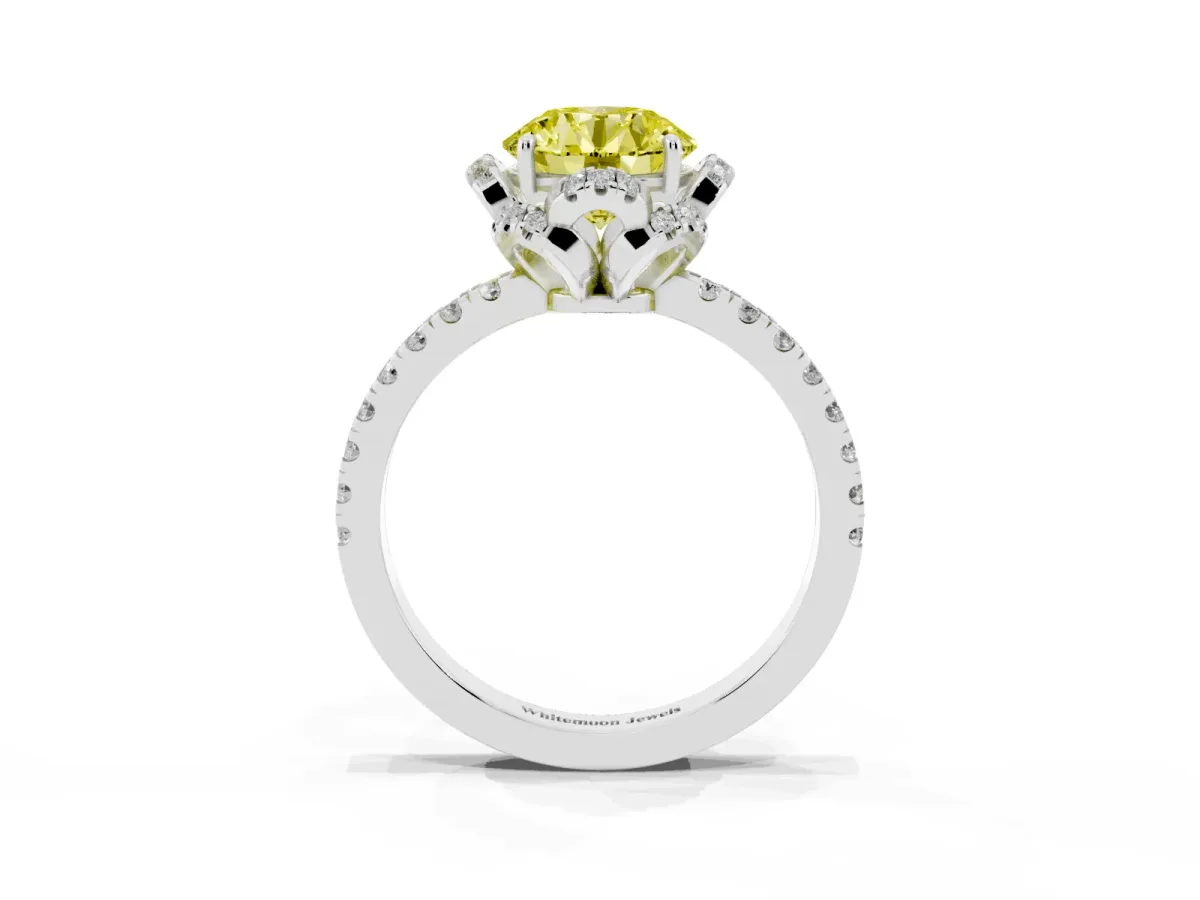 Fancy Yellow Round Cut Diamond Halo Pave Band with Four-Prong Setting Silver