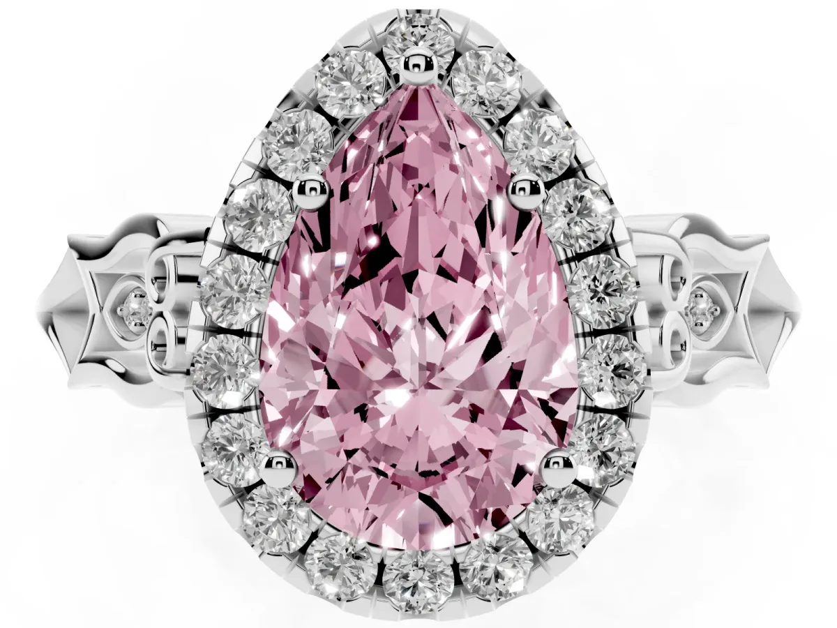 Fancy Pink Pear Cut Halo Diamond Engagement Ring with Filigree Band and Four-Prong Setting Platinum