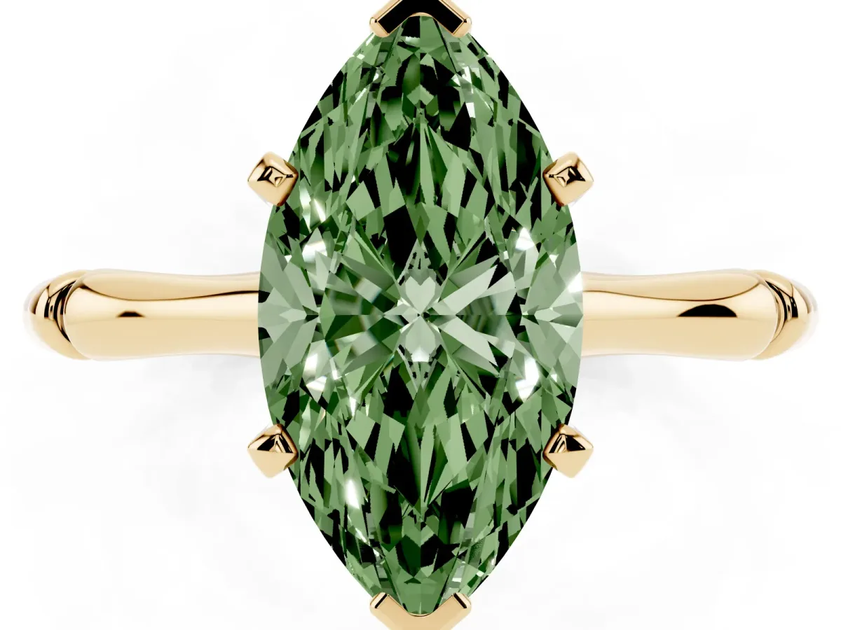 Fancy Green Marquise Cut Solitaire Diamond Ring with Bamboo Band and Four-Prong Setting Yellow gold