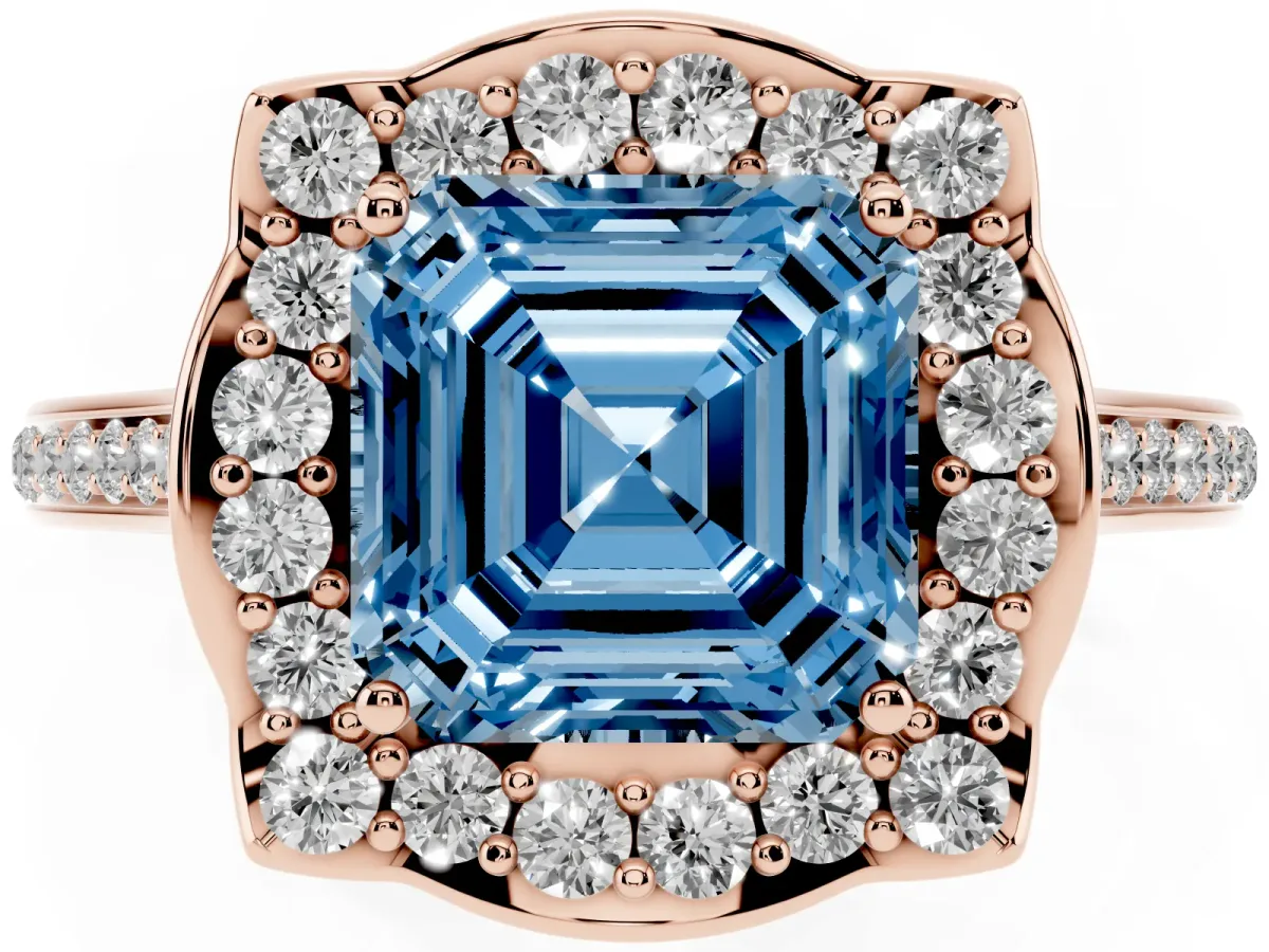 Fancy Blue Asscher Cut Halo Round Diamond Pave Band with Four-Prong Setting Rose gold