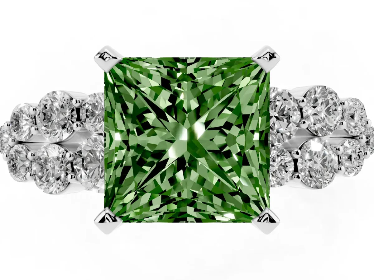 Fancy Green Princess Cut Cluster Diamond Engagement Ring with Pavé Band and Four-Prong Setting Platinum