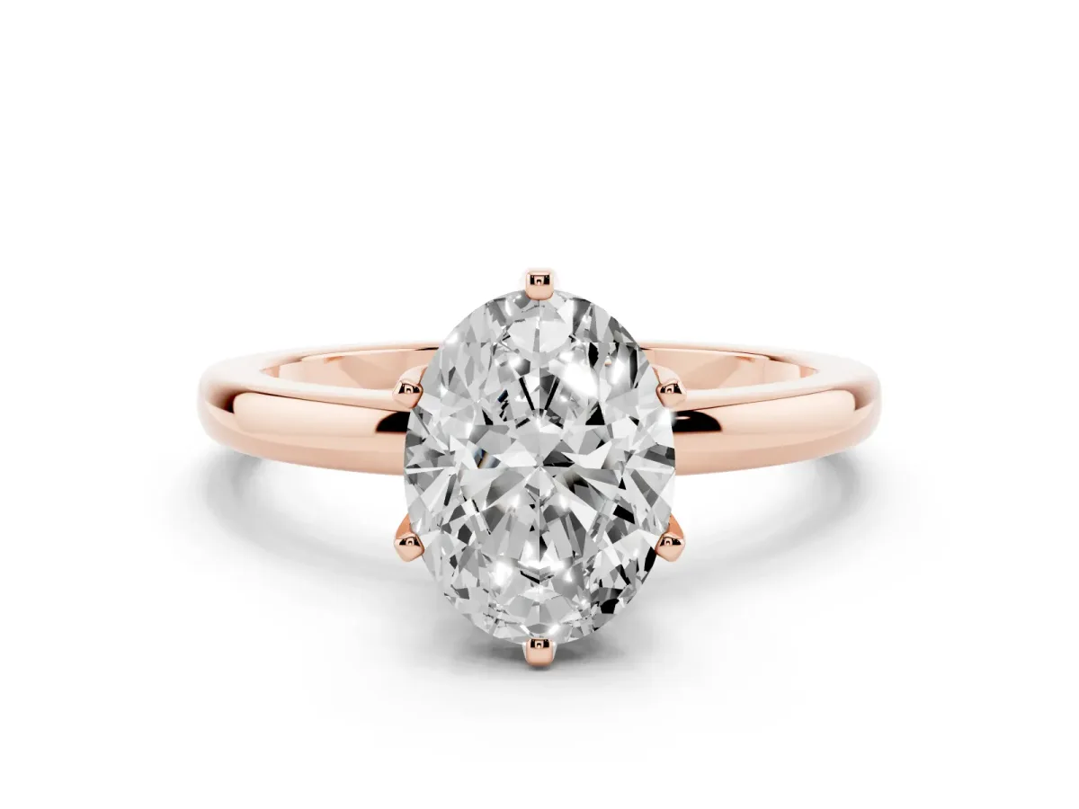 Oval Cut Solitaire Diamond Ring with Six-Prong Setting on a Classic Band Rose gold