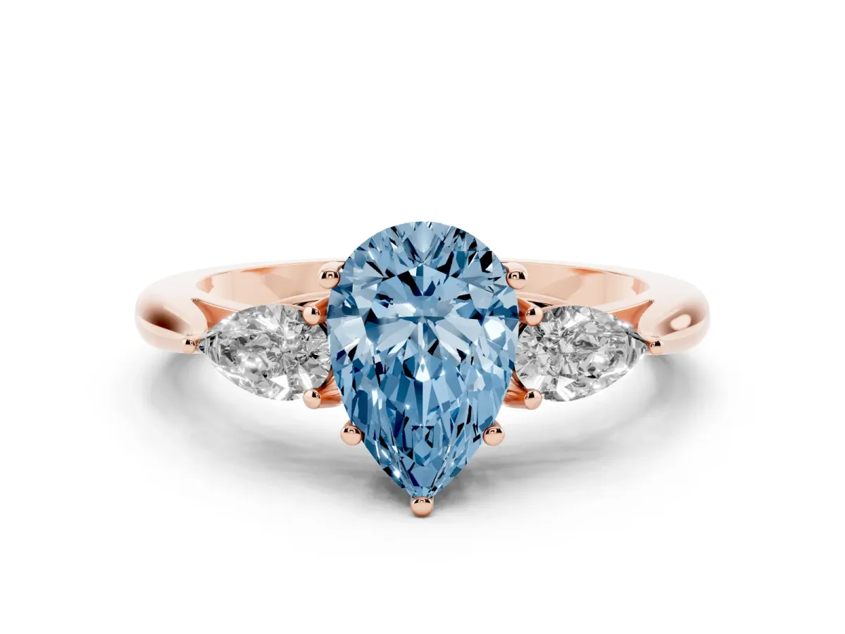 Fancy Blue Pear Cut Diamond Three-Stone Ring with Pear Side Stones and Prong Setting Rose gold