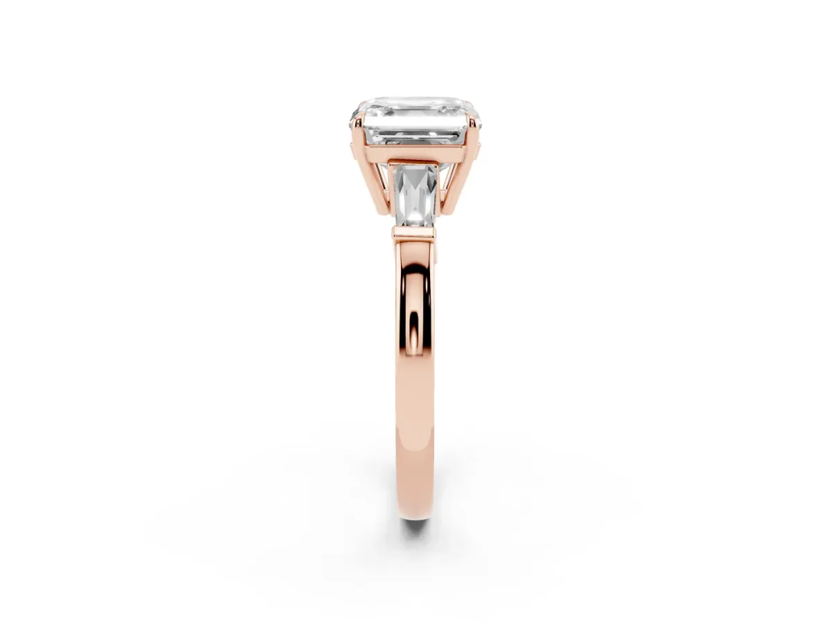 Asscher Cut Diamond Three-Stone Ring with Tapered Baguette Side Stones and Prong Setting Rose gold