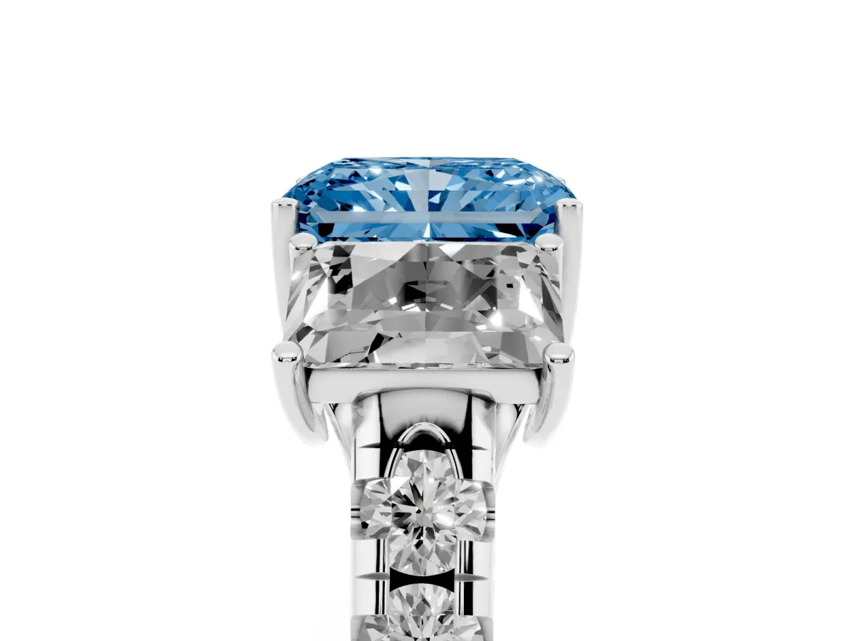 Fancy Blue Three-Stone Radiant Cut Diamond Pavé Band with Prong Setting Silver