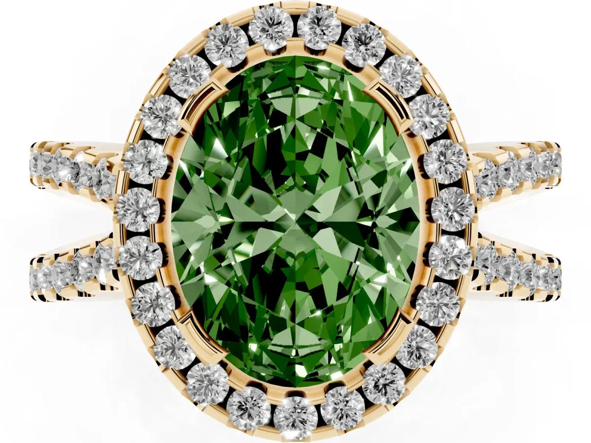Fancy Green Oval Cut Diamond Halo Ring with Split Shank Pavé Band and Prong Setting Yellow gold