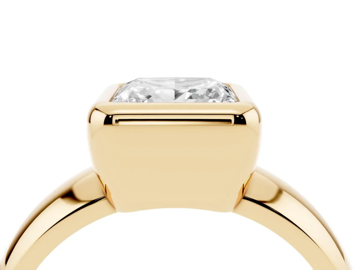 Bezel Set Princess Cut Solitaire Ring with Wide Band Yellow gold