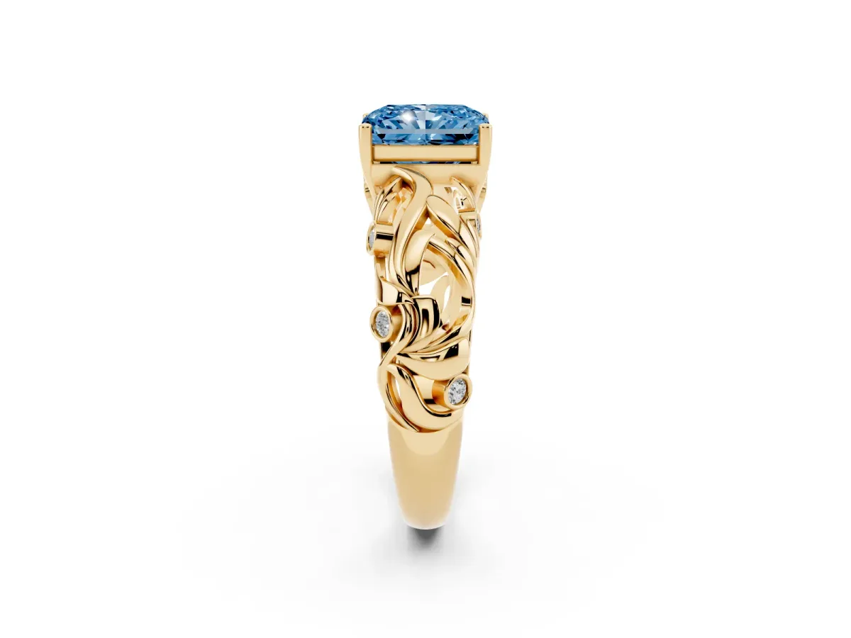 Fancy Blue Radiant Cut Solitaire Diamond Leaf-Inspired Vine Band Ring with Prong Setting Yellow gold