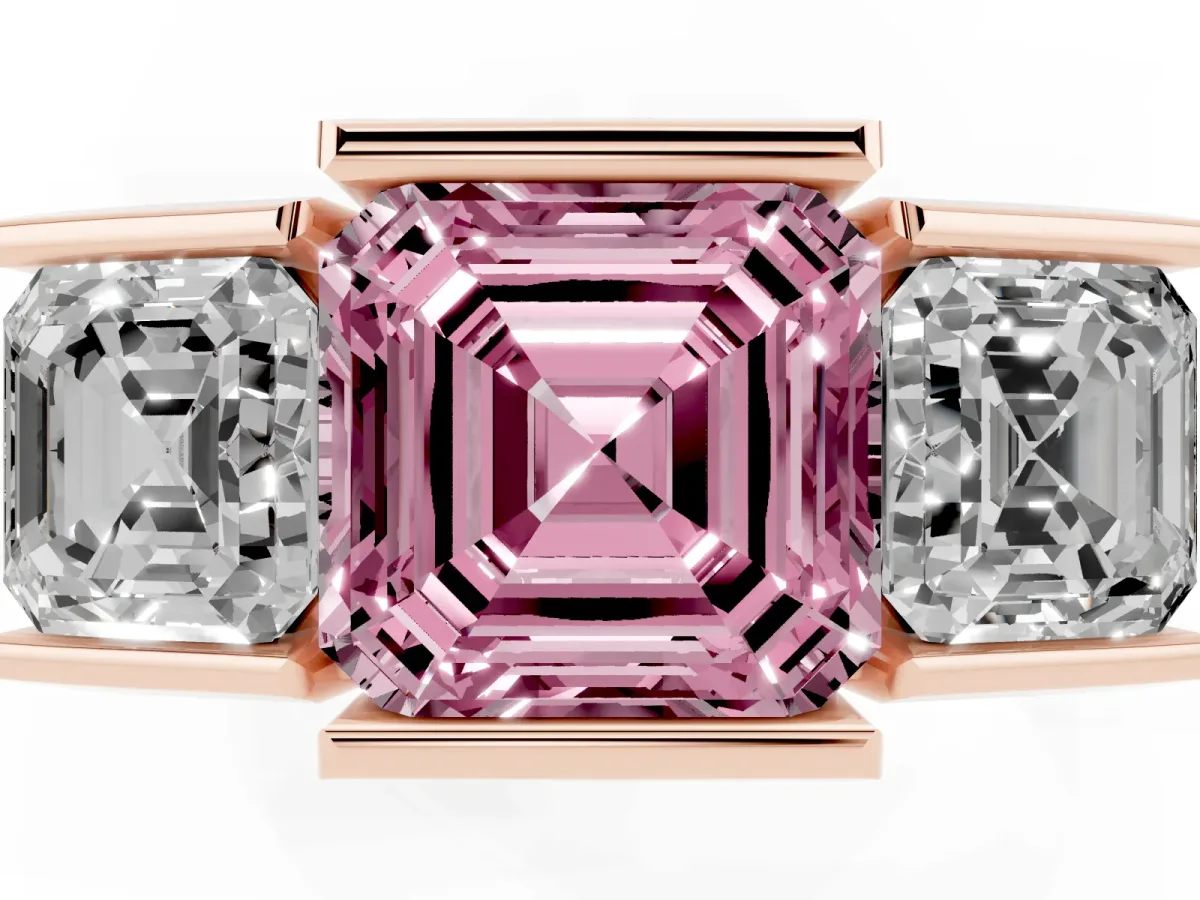 Fancy Pink Three Stone Asscher Cut Cut Channel Set Diamond Ring Rose gold